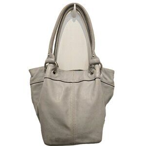 Tignanello Gray Leather Tote Bucket Bag With Striped Interior Double Handles